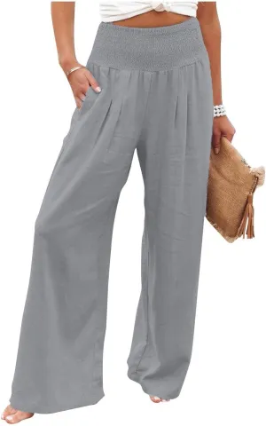 Womens Casual Cotton Linen Palazzo Pants Drawstring Elastic High Waist Wide Leg Trousers Beach Vacation Outfits