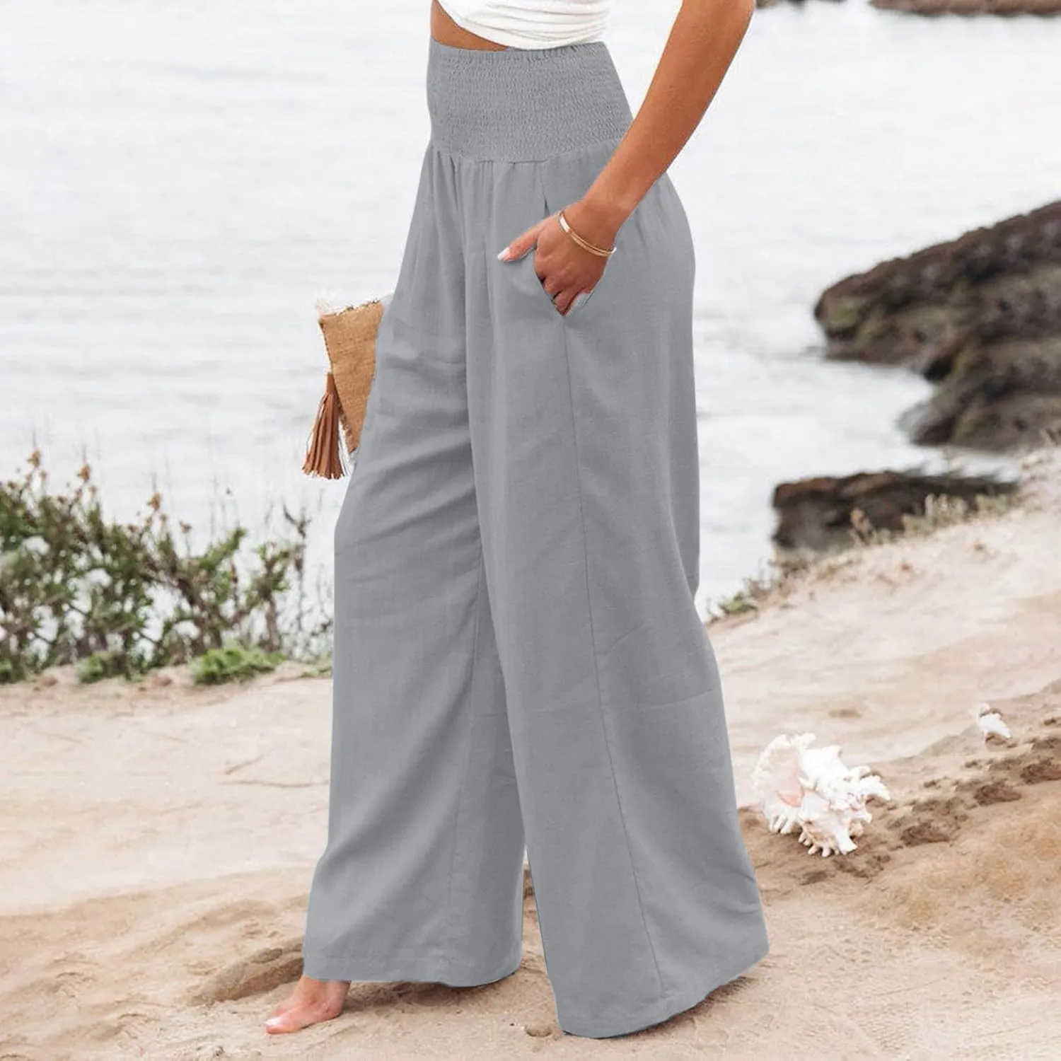 Womens Casual Cotton Linen Palazzo Pants Drawstring Elastic High Waist Wide Leg Trousers Beach Vacation Outfits