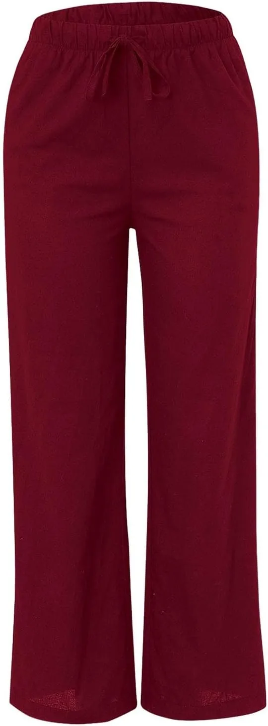 Women's Casual Cotton Linen Pants Summer Relax Fit Elastic Waist Straight Leg Comfy Solid Lounge Long Trouser