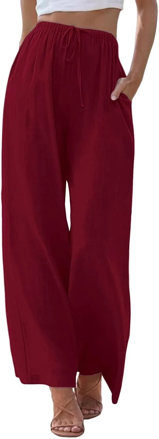Women's Casual Cotton Linen Pants Summer Relax Fit Elastic Waist Straight Leg Comfy Solid Lounge Long Trouser