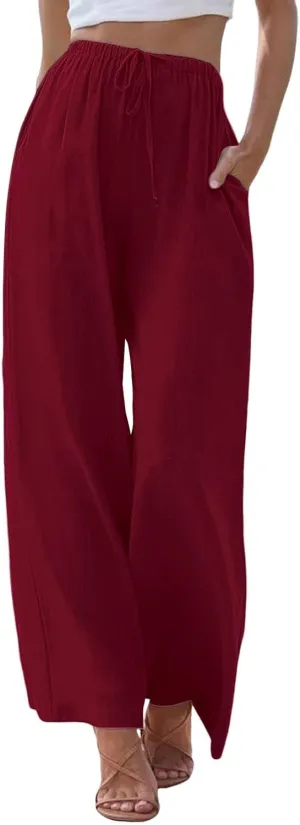 Women's Casual Cotton Linen Pants Summer Relax Fit Elastic Waist Straight Leg Comfy Solid Lounge Long Trouser