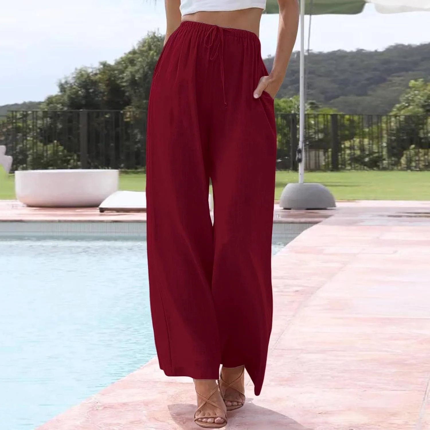 Women's Casual Cotton Linen Pants Summer Relax Fit Elastic Waist Straight Leg Comfy Solid Lounge Long Trouser