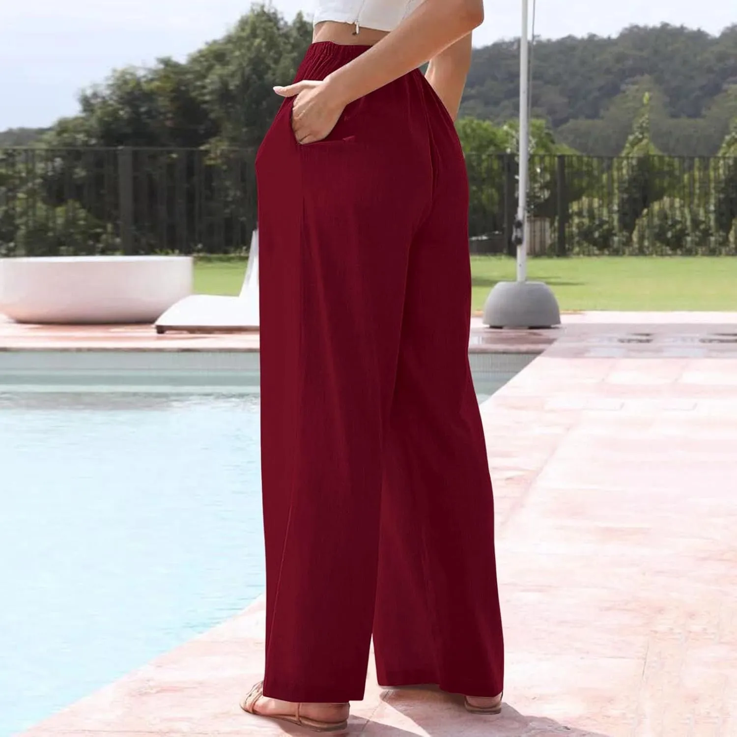 Women's Casual Cotton Linen Pants Summer Relax Fit Elastic Waist Straight Leg Comfy Solid Lounge Long Trouser