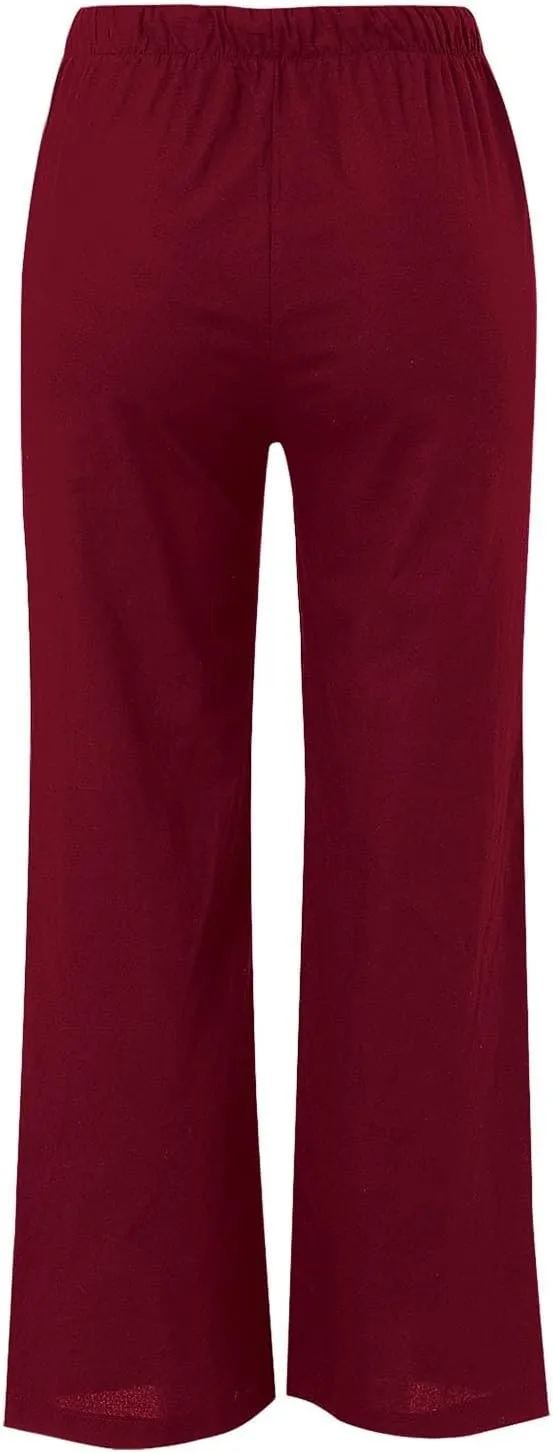 Women's Casual Cotton Linen Pants Summer Relax Fit Elastic Waist Straight Leg Comfy Solid Lounge Long Trouser