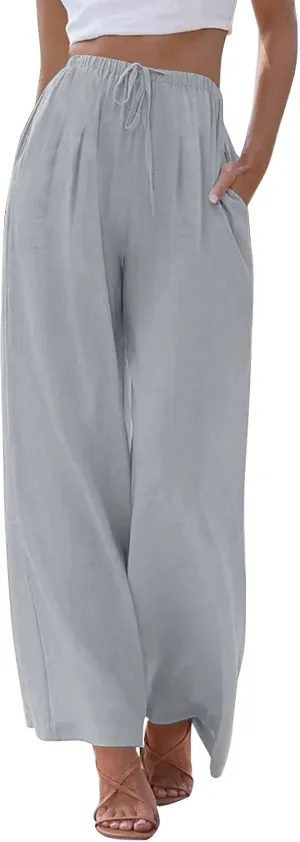 Womens Cotton Linen Pants Summer Palazzo Pants Flowy Wide Leg Beach Trousers with Pockets