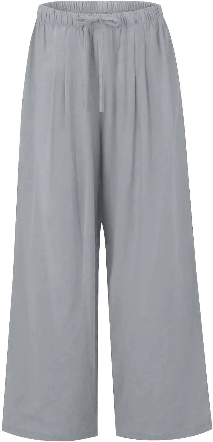 Womens Cotton Linen Pants Summer Palazzo Pants Flowy Wide Leg Beach Trousers with Pockets