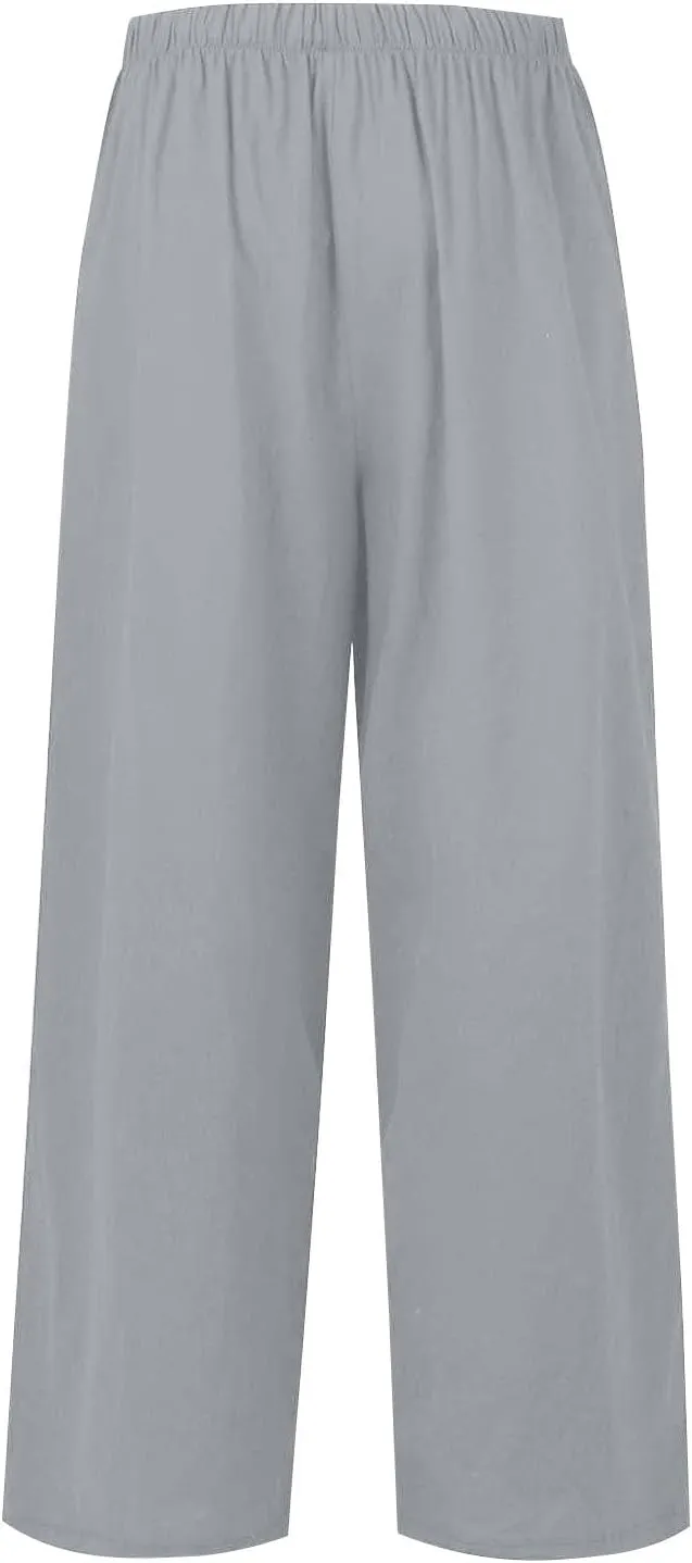 Womens Cotton Linen Pants Summer Palazzo Pants Flowy Wide Leg Beach Trousers with Pockets