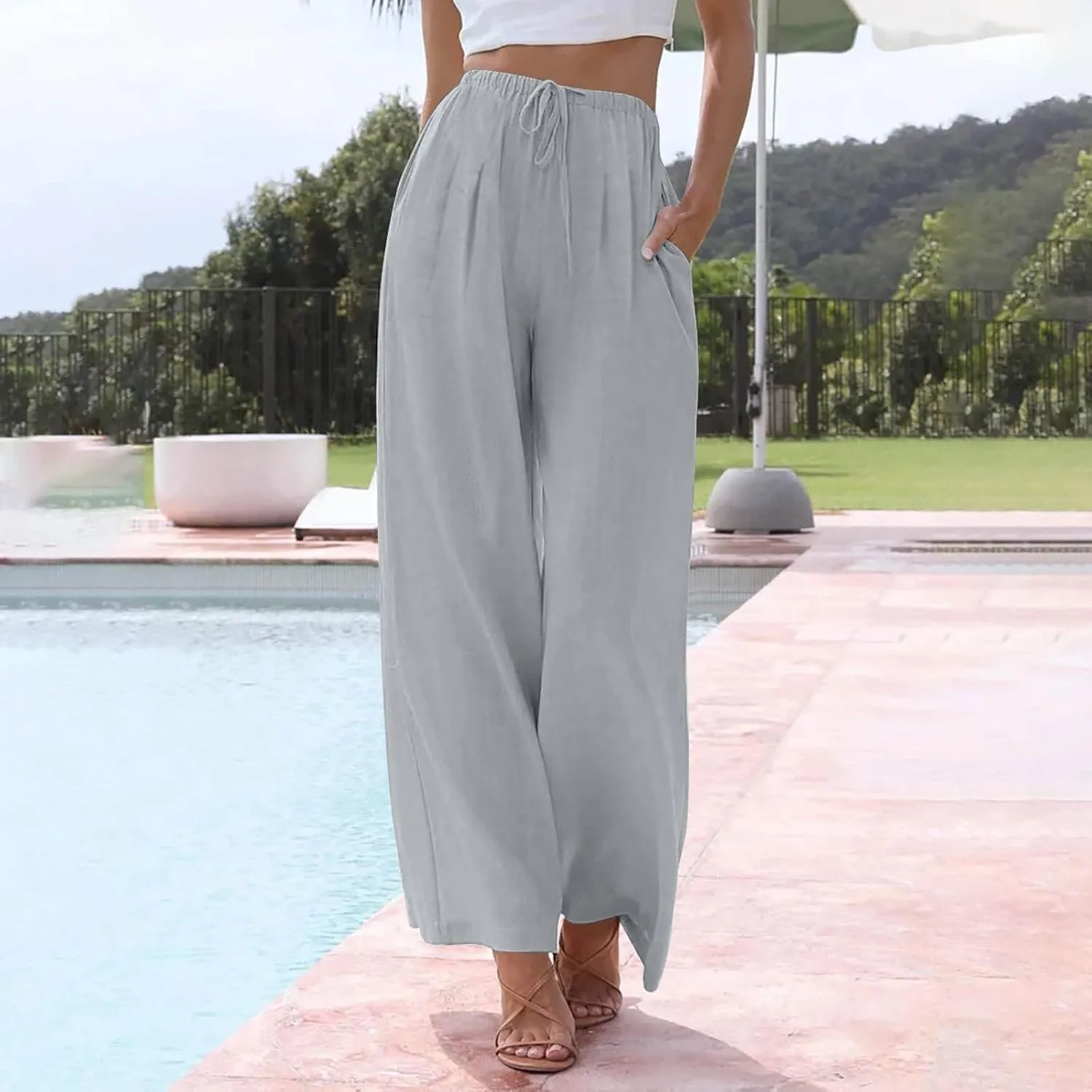 Womens Cotton Linen Pants Summer Palazzo Pants Flowy Wide Leg Beach Trousers with Pockets