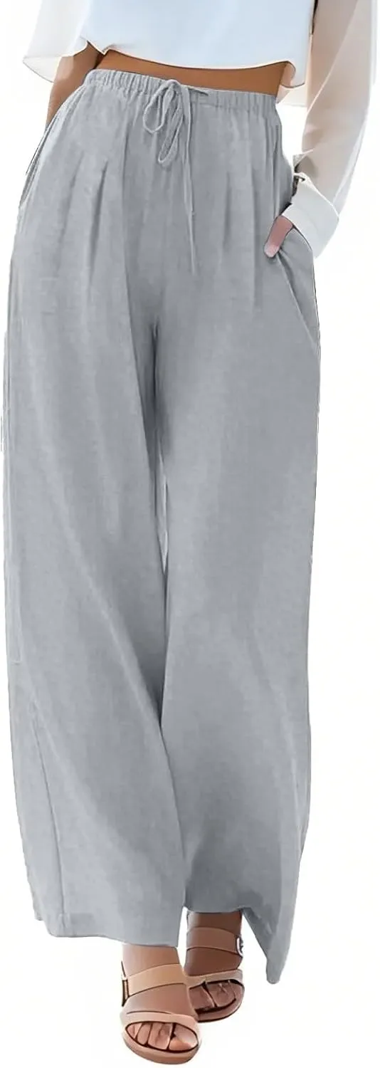 Womens Cotton Linen Pants Summer Palazzo Pants Flowy Wide Leg Beach Trousers with Pockets