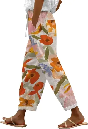Women's Cotton Linen Pants Summer Wide Leg Loose Drawstring High Waist Palazzo Pants Trousers Casual Baggy Pants 2024