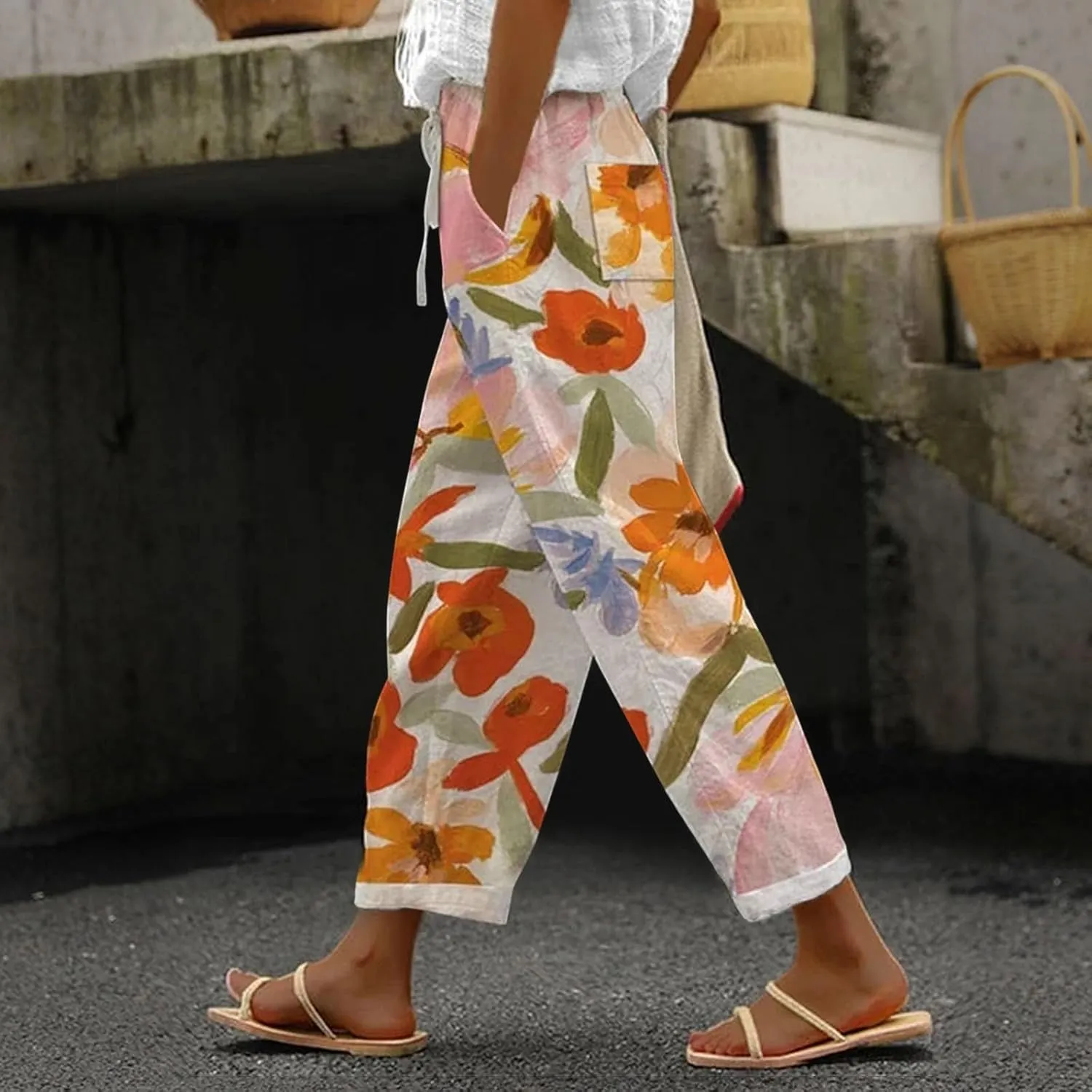 Women's Cotton Linen Pants Summer Wide Leg Loose Drawstring High Waist Palazzo Pants Trousers Casual Baggy Pants 2024