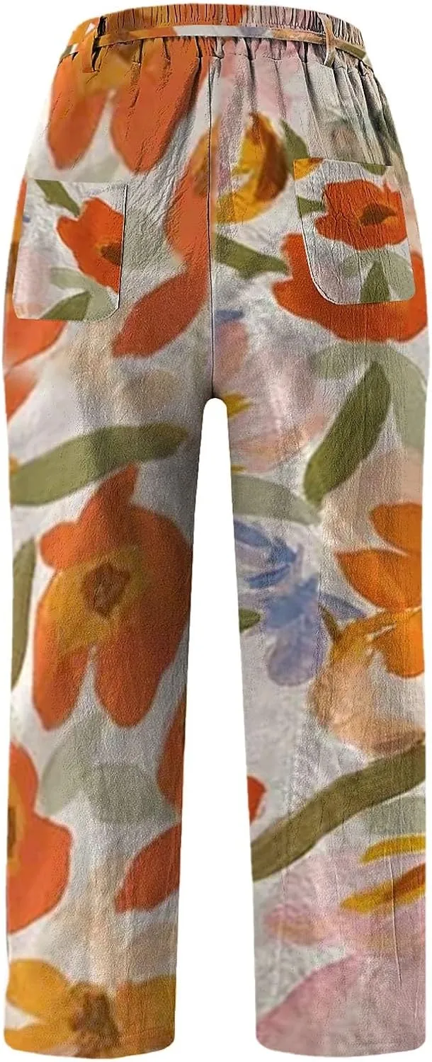 Women's Cotton Linen Pants Summer Wide Leg Loose Drawstring High Waist Palazzo Pants Trousers Casual Baggy Pants 2024