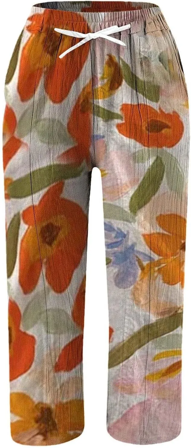 Women's Cotton Linen Pants Summer Wide Leg Loose Drawstring High Waist Palazzo Pants Trousers Casual Baggy Pants 2024