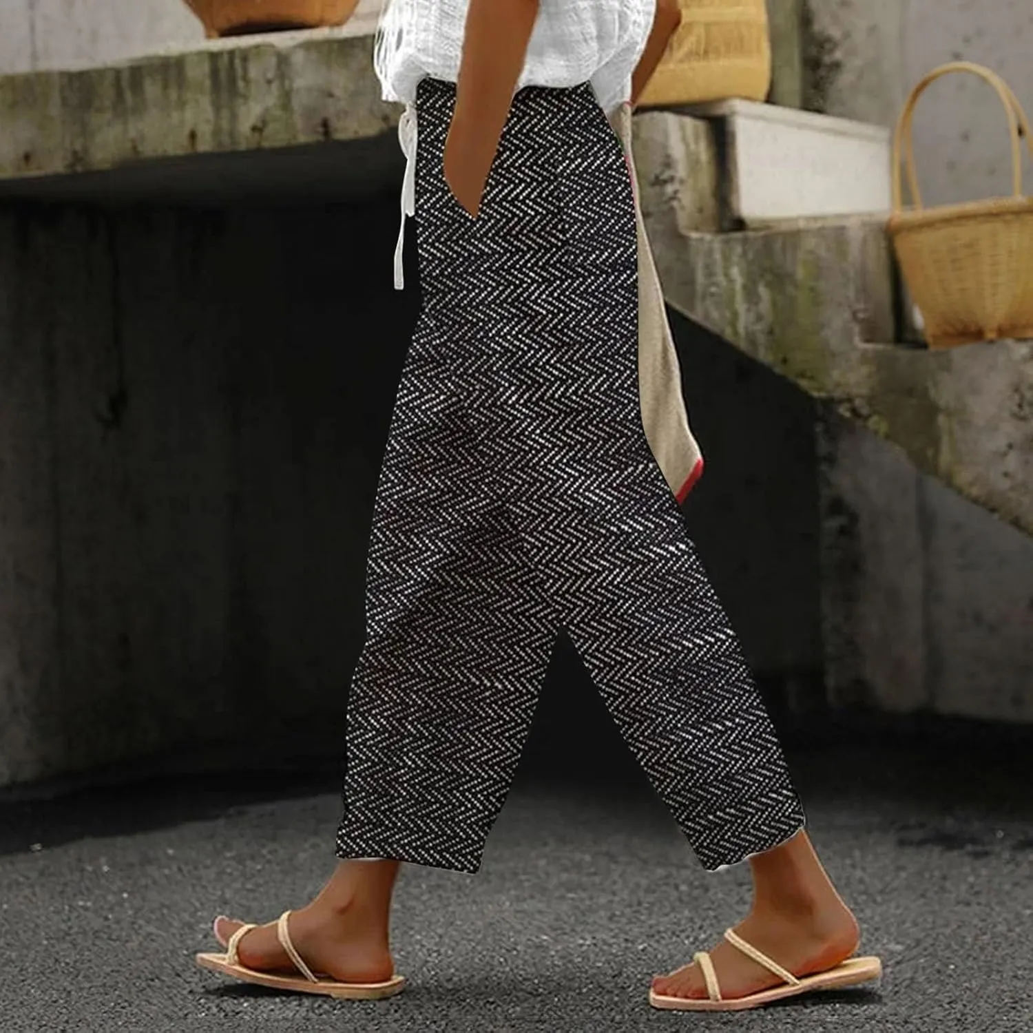 Women's Cotton Linen Pants Summer Wide Leg Loose Drawstring High Waist Palazzo Pants Trousers Casual Baggy Pants 2024