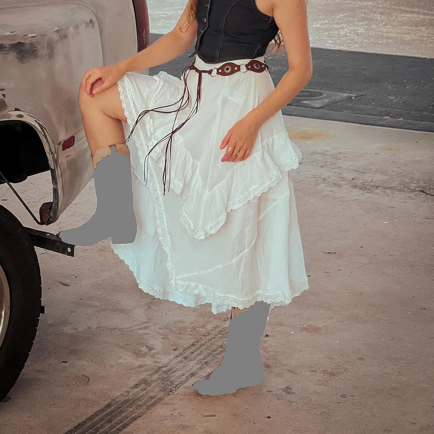 Womens Lace Trim Long Skirts Elastic Asymmetrical Layered Hem Ruffle Flowy Boho Skirts Floral Beach Maxi Skirt
