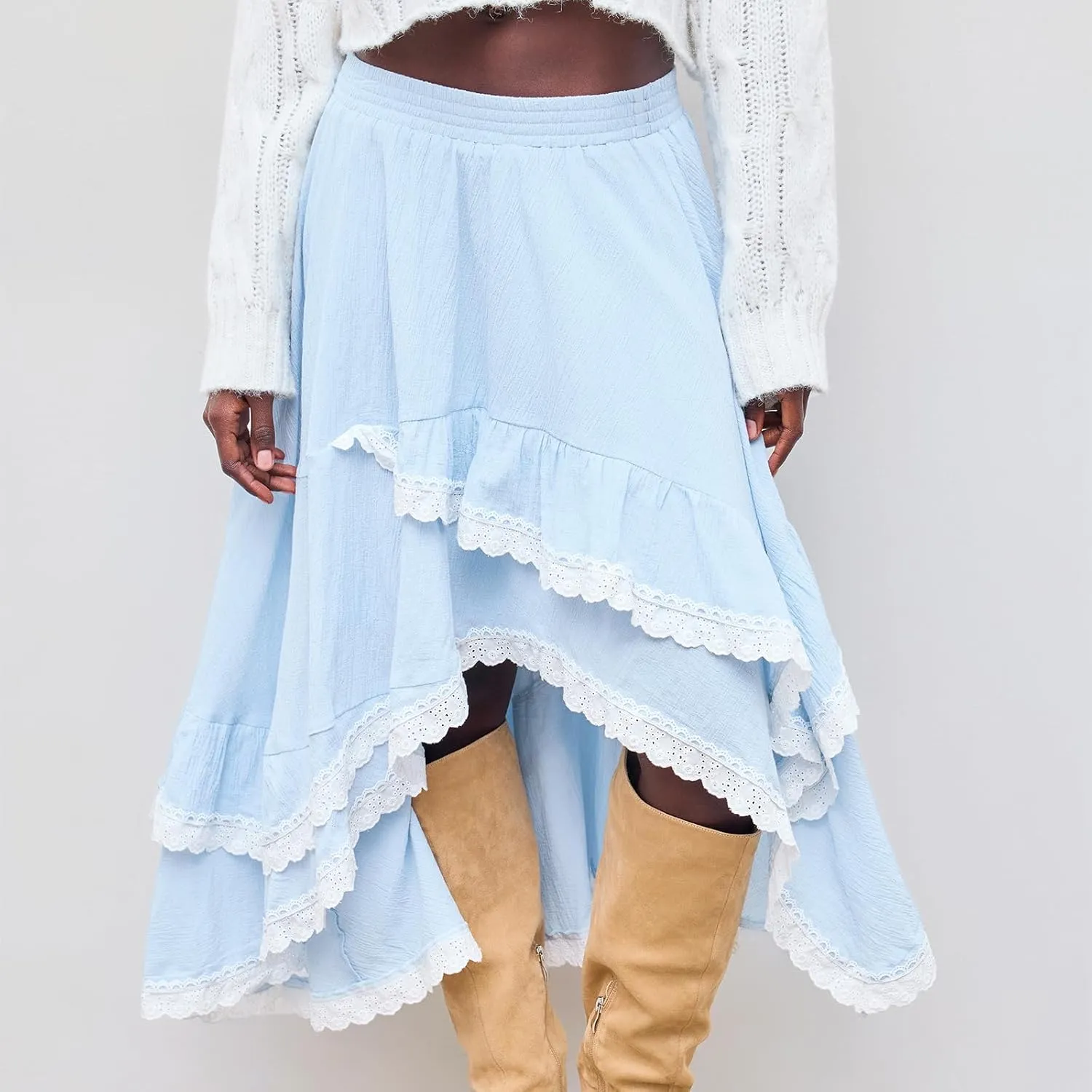 Womens Lace Trim Long Skirts Elastic Asymmetrical Layered Hem Ruffle Flowy Boho Skirts Floral Beach Maxi Skirt