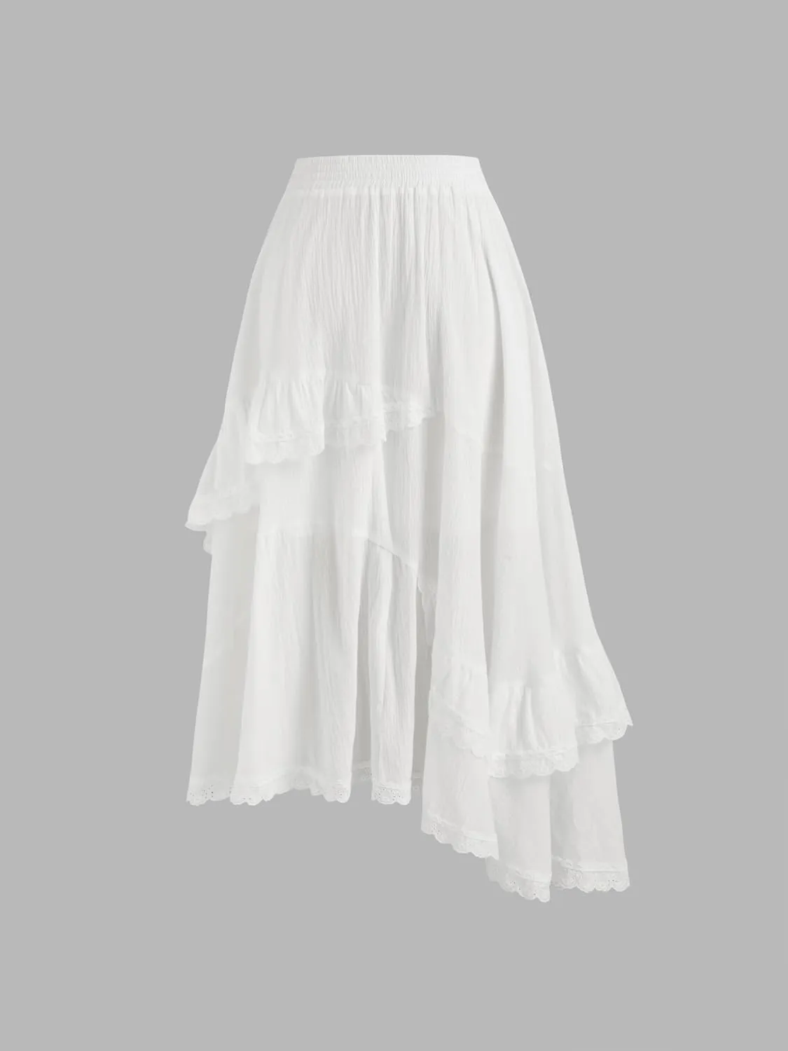 Womens Lace Trim Long Skirts Elastic Asymmetrical Layered Hem Ruffle Flowy Boho Skirts Floral Beach Maxi Skirt