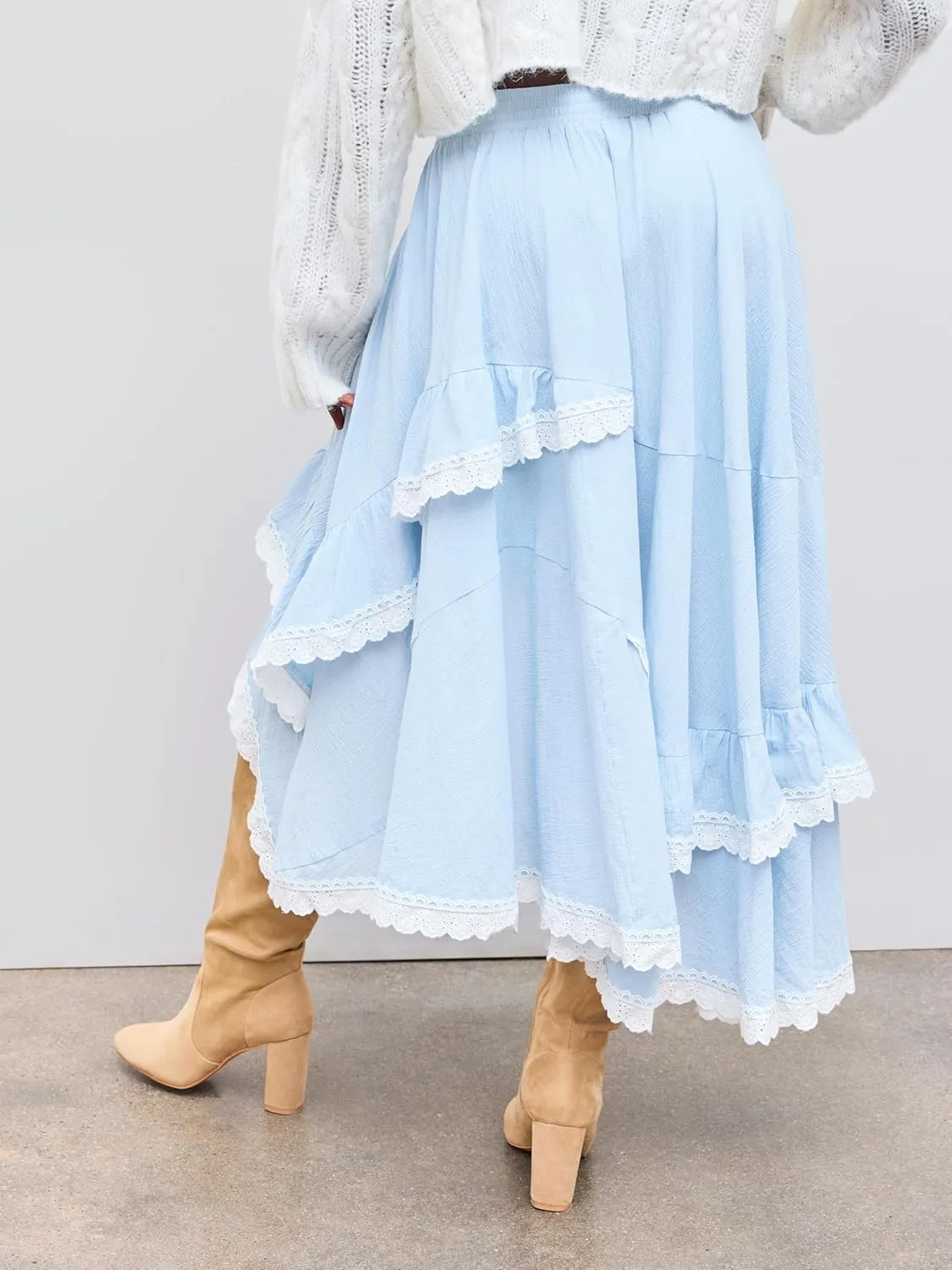 Womens Lace Trim Long Skirts Elastic Asymmetrical Layered Hem Ruffle Flowy Boho Skirts Floral Beach Maxi Skirt