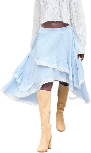 Womens Lace Trim Long Skirts Elastic Asymmetrical Layered Hem Ruffle Flowy Boho Skirts Floral Beach Maxi Skirt