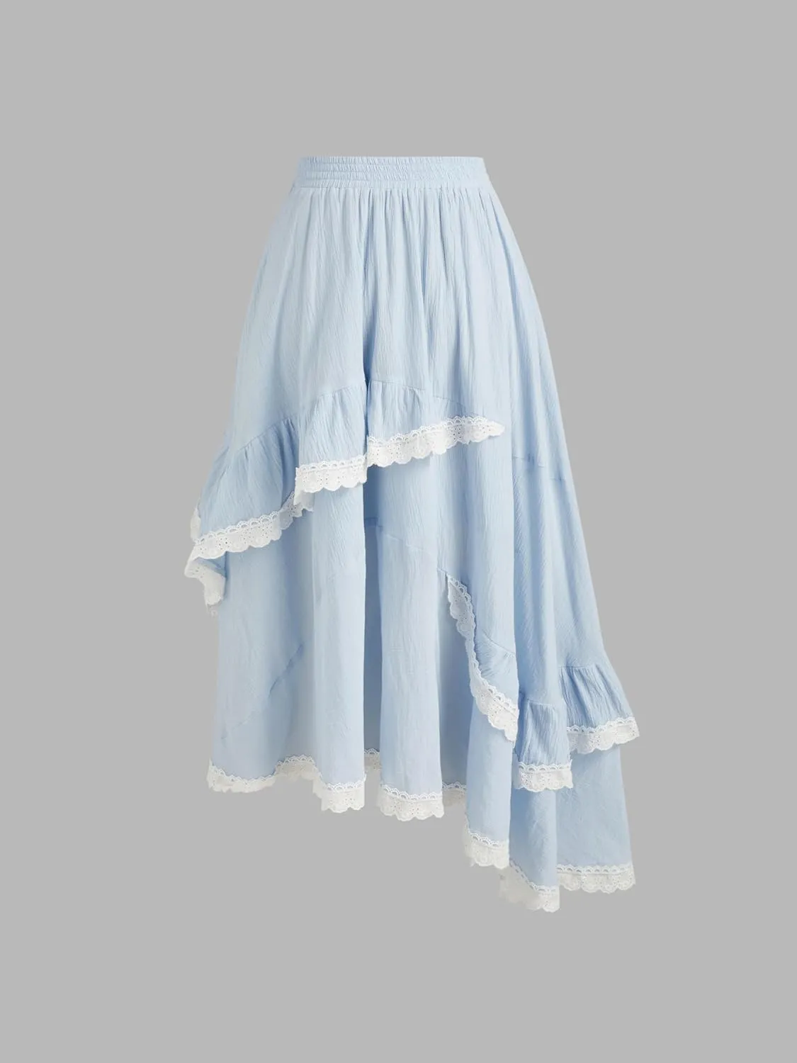 Womens Lace Trim Long Skirts Elastic Asymmetrical Layered Hem Ruffle Flowy Boho Skirts Floral Beach Maxi Skirt