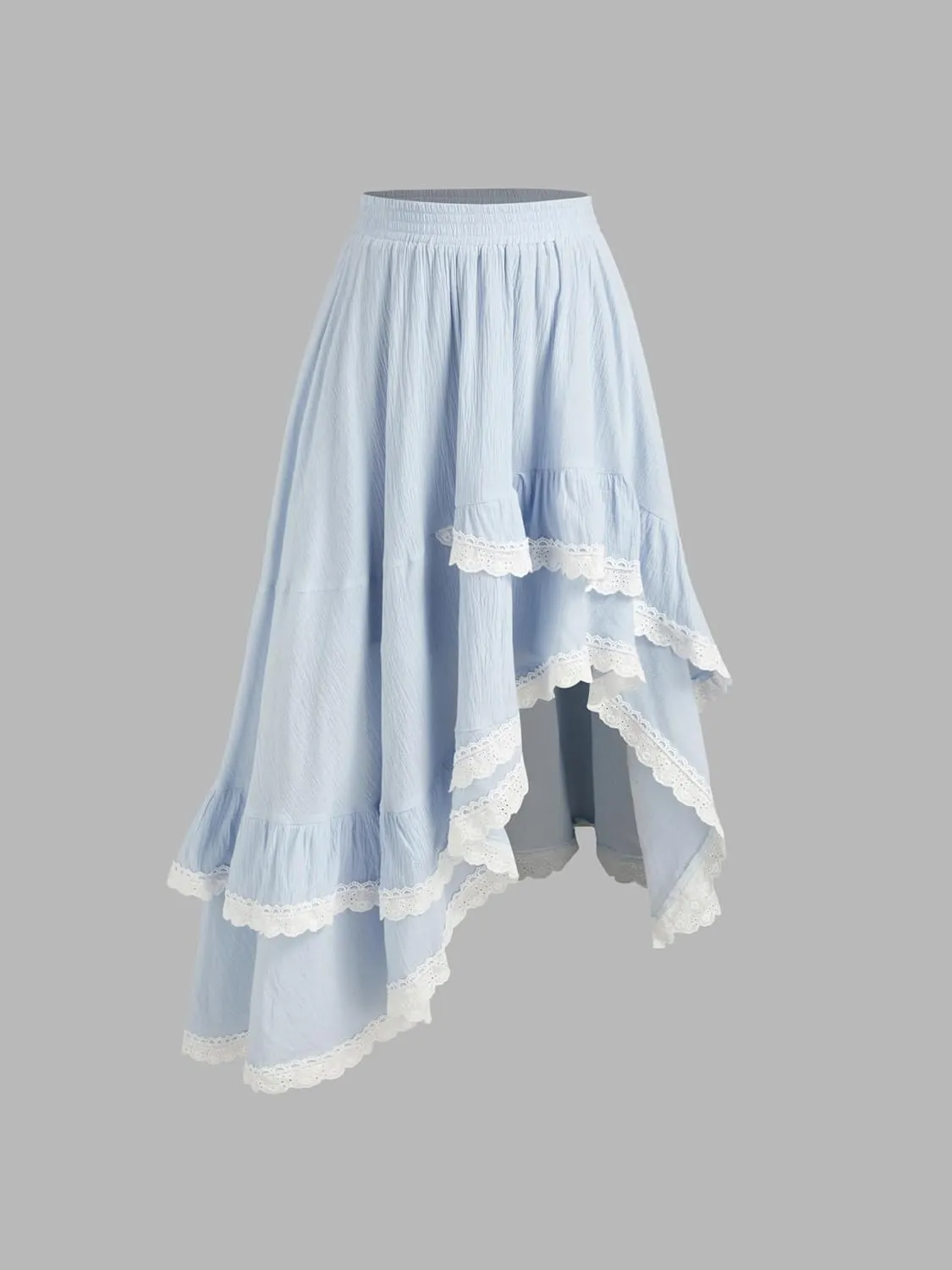 Womens Lace Trim Long Skirts Elastic Asymmetrical Layered Hem Ruffle Flowy Boho Skirts Floral Beach Maxi Skirt