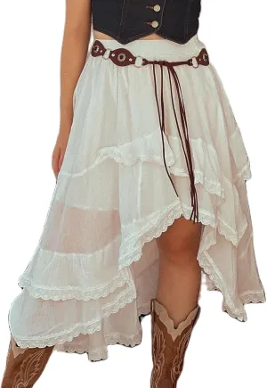 Womens Lace Trim Long Skirts Elastic Asymmetrical Layered Hem Ruffle Flowy Boho Skirts Floral Beach Maxi Skirt
