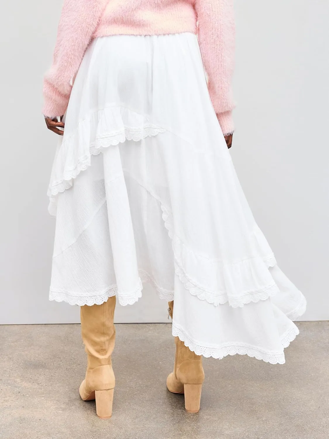 Womens Lace Trim Long Skirts Elastic Asymmetrical Layered Hem Ruffle Flowy Boho Skirts Floral Beach Maxi Skirt
