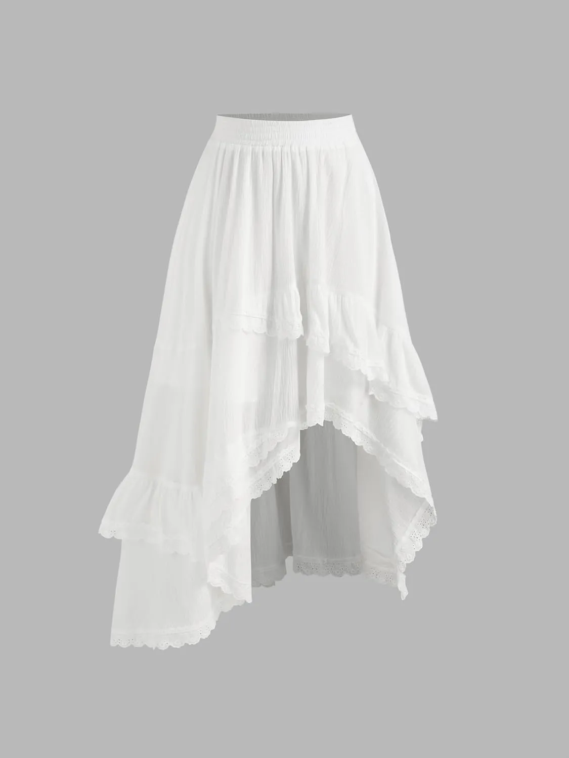Womens Lace Trim Long Skirts Elastic Asymmetrical Layered Hem Ruffle Flowy Boho Skirts Floral Beach Maxi Skirt