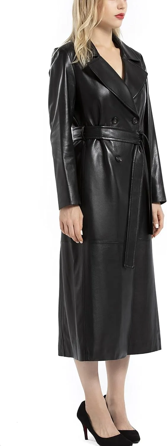 Women's Lambskin Leather Long Trench Coat Black Double Breasted Genuine Leather Coat with Belt SmartUniverseWear