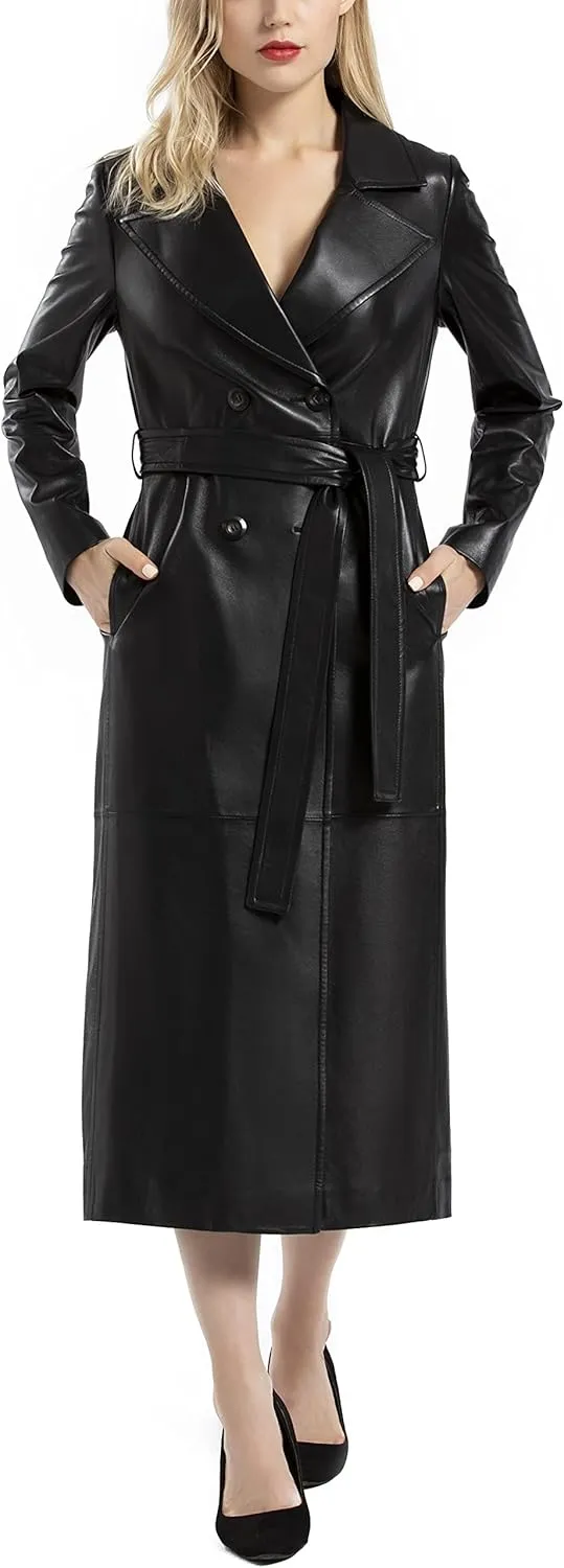 Women's Lambskin Leather Long Trench Coat Black Double Breasted Genuine Leather Coat with Belt SmartUniverseWear