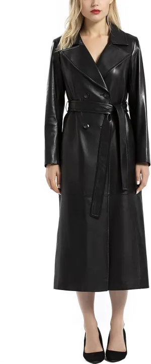Women's Lambskin Leather Long Trench Coat Black Double Breasted Genuine Leather Coat with Belt SmartUniverseWear
