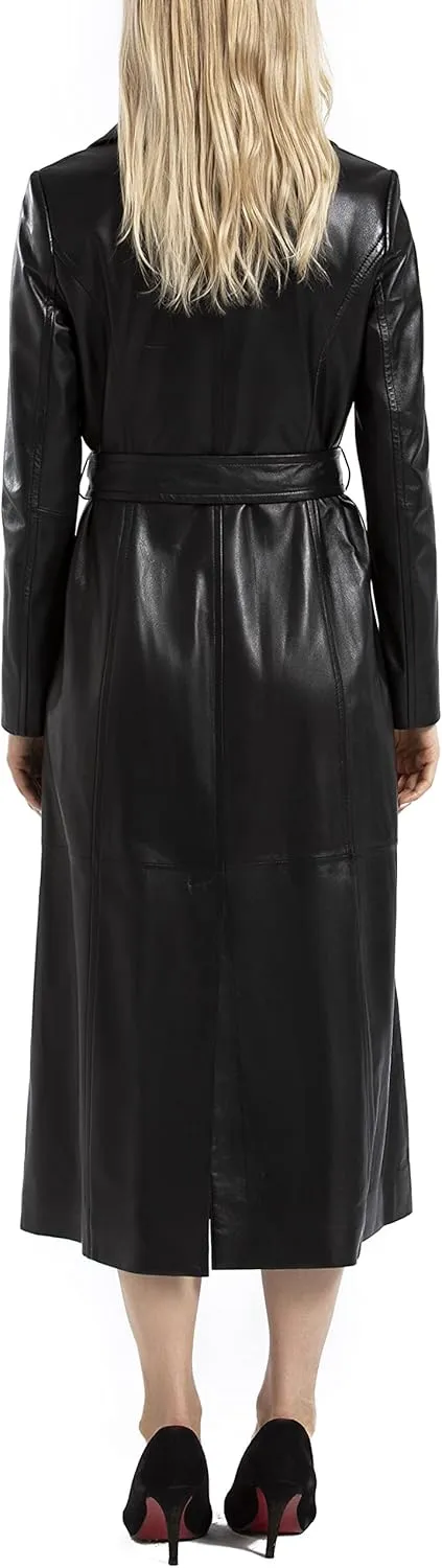 Women's Lambskin Leather Long Trench Coat Black Double Breasted Genuine Leather Coat with Belt SmartUniverseWear