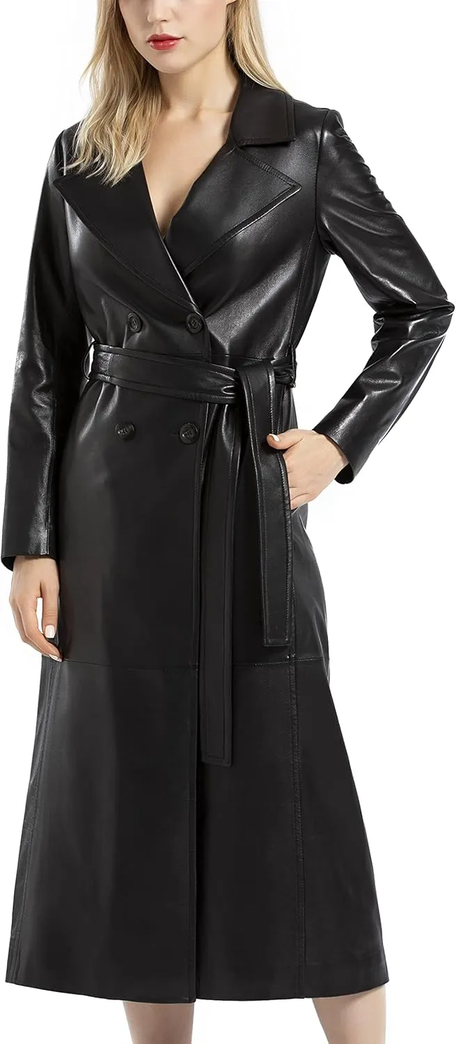 Women's Lambskin Leather Long Trench Coat Black Double Breasted Genuine Leather Coat with Belt SmartUniverseWear