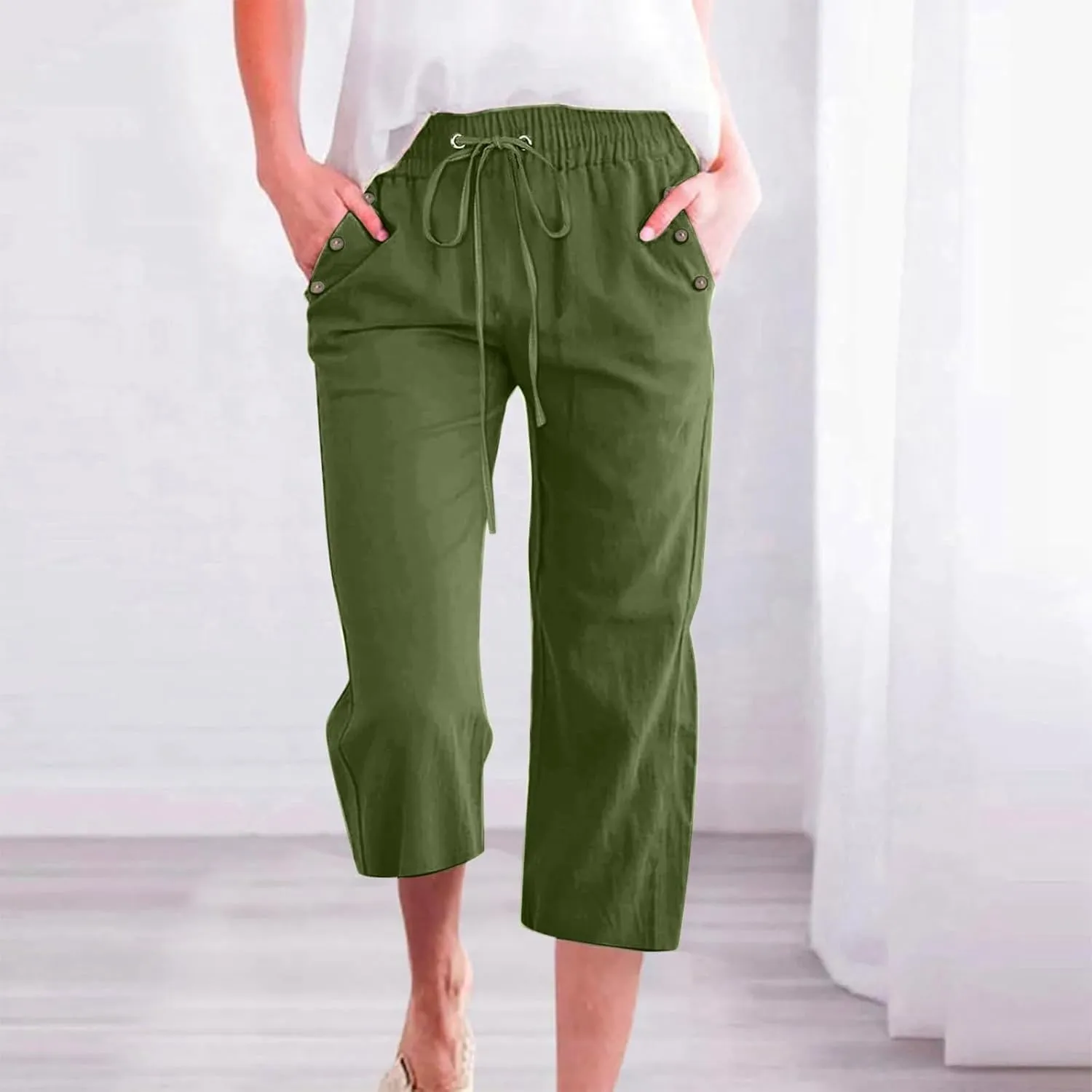 Women's Linen Capris with Pockets High Waist Drawstring Baggy Comfy Casual Lightweight Loose Trousers