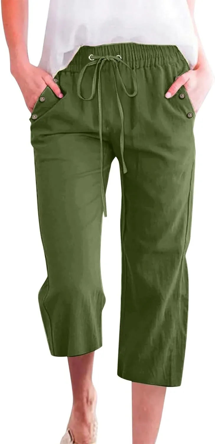 Women's Linen Capris with Pockets High Waist Drawstring Baggy Comfy Casual Lightweight Loose Trousers
