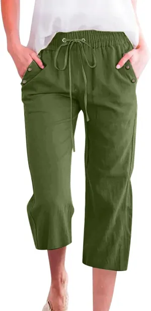Women's Linen Capris with Pockets High Waist Drawstring Baggy Comfy Casual Lightweight Loose Trousers