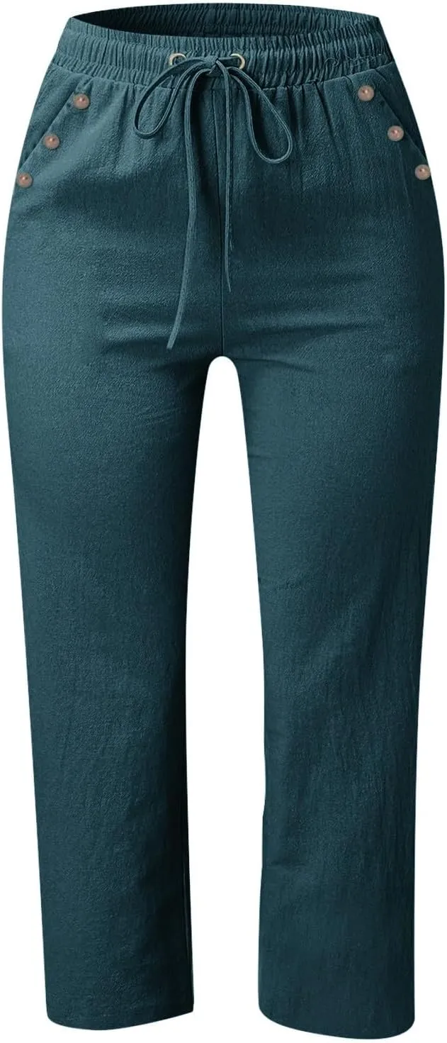 Women's Linen Capris with Pockets High Waist Drawstring Baggy Comfy Casual Lightweight Loose Trousers
