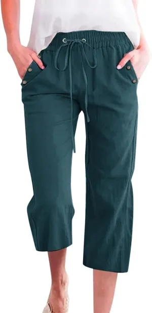 Women's Linen Capris with Pockets High Waist Drawstring Baggy Comfy Casual Lightweight Loose Trousers