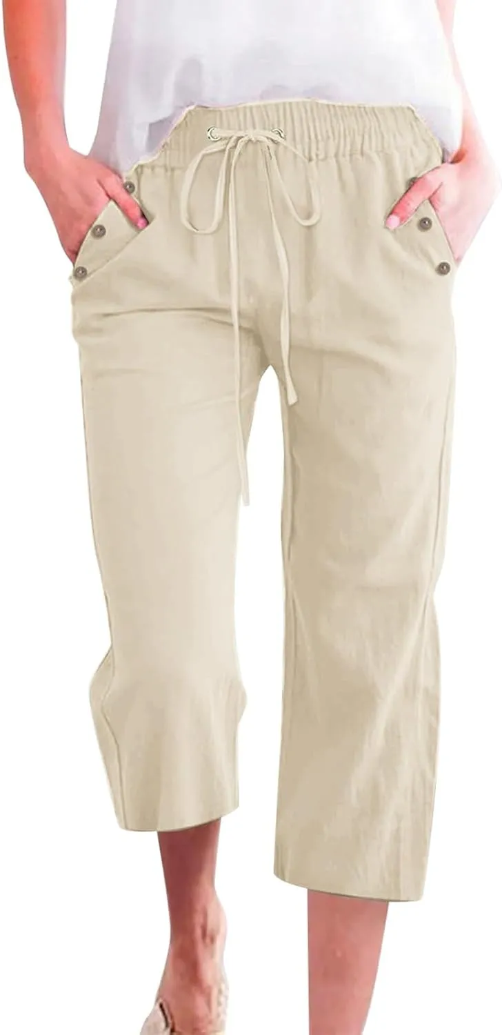 Women's Linen Capris with Pockets High Waist Drawstring Baggy Comfy Casual Lightweight Loose Trousers