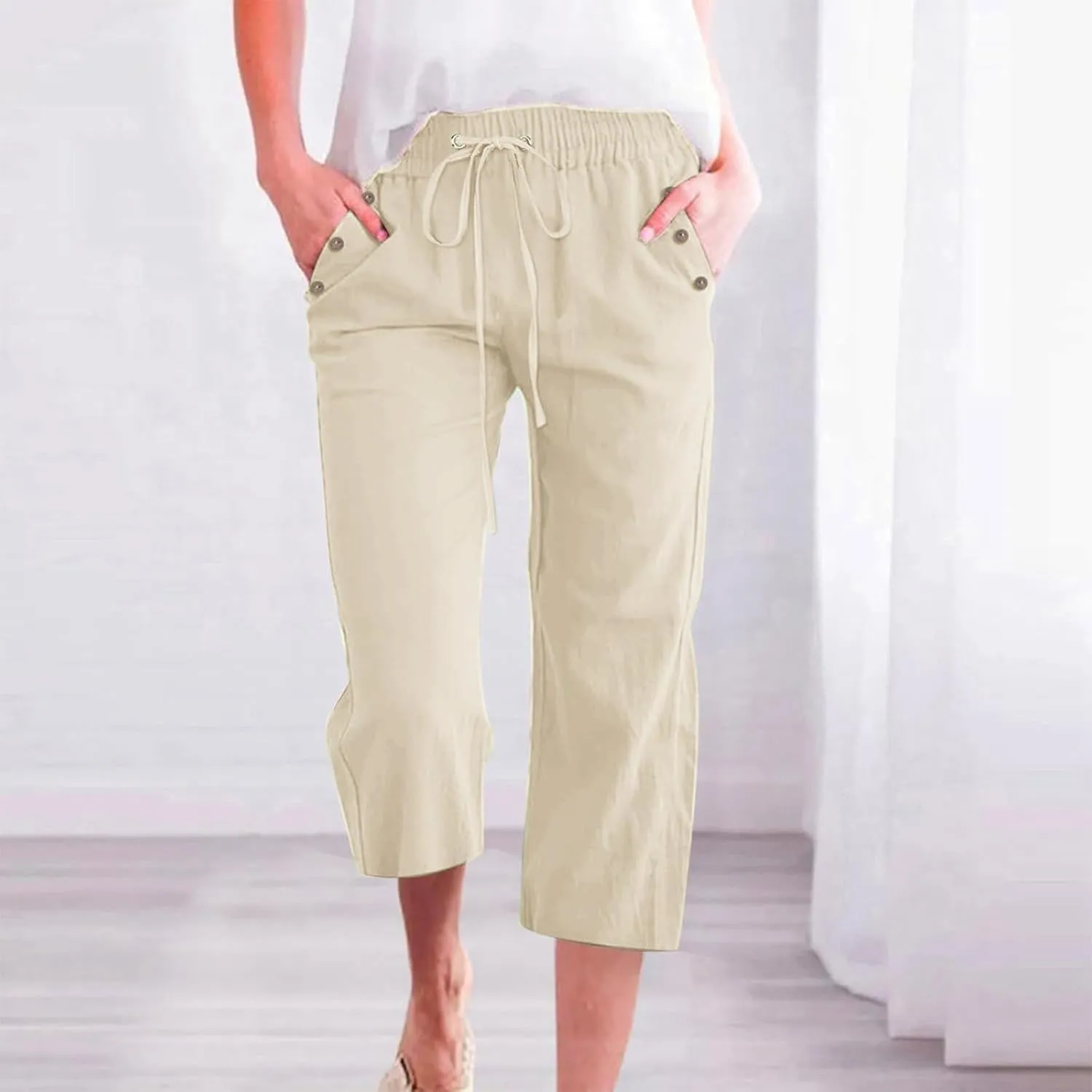 Women's Linen Capris with Pockets High Waist Drawstring Baggy Comfy Casual Lightweight Loose Trousers