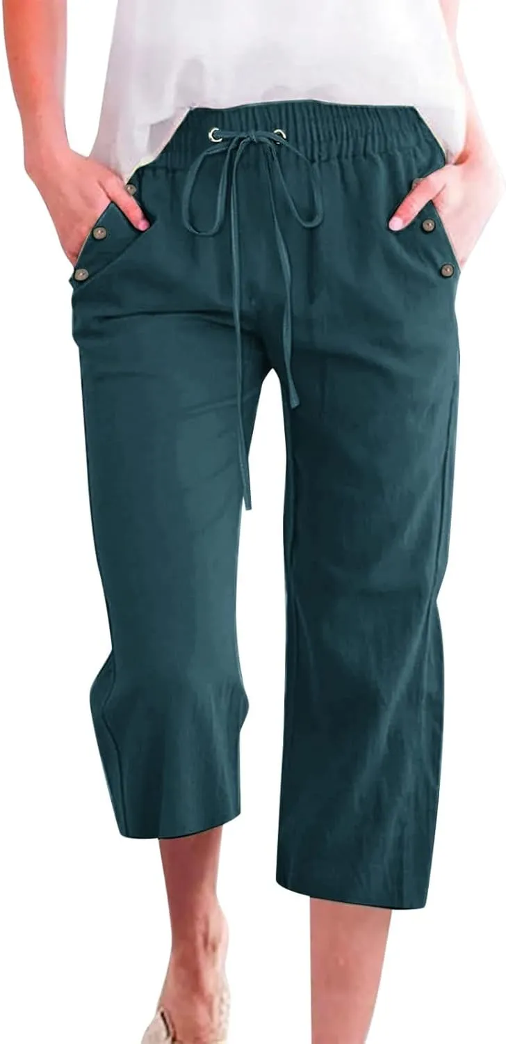 Women's Linen Capris with Pockets High Waist Drawstring Baggy Comfy Casual Lightweight Loose Trousers