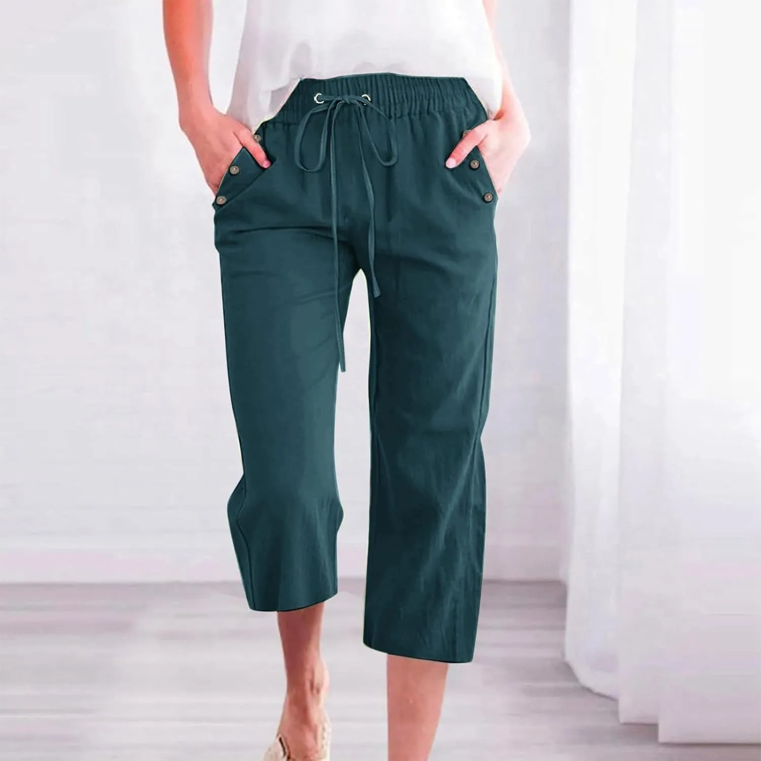Women's Linen Capris with Pockets High Waist Drawstring Baggy Comfy Casual Lightweight Loose Trousers