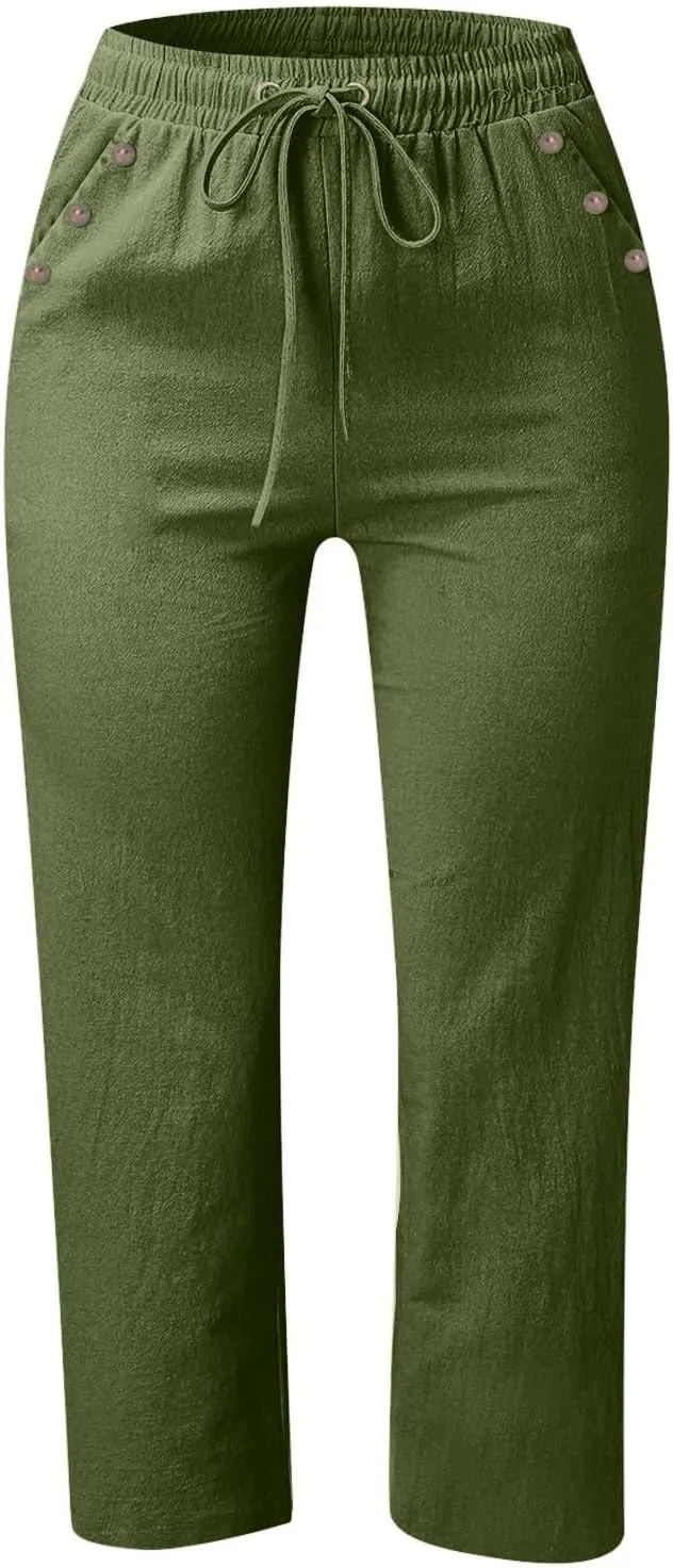 Women's Linen Capris with Pockets High Waist Drawstring Baggy Comfy Casual Lightweight Loose Trousers