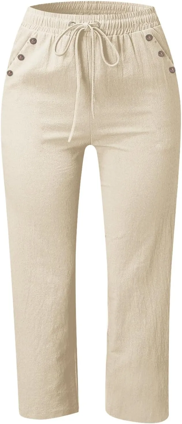 Women's Linen Capris with Pockets High Waist Drawstring Baggy Comfy Casual Lightweight Loose Trousers