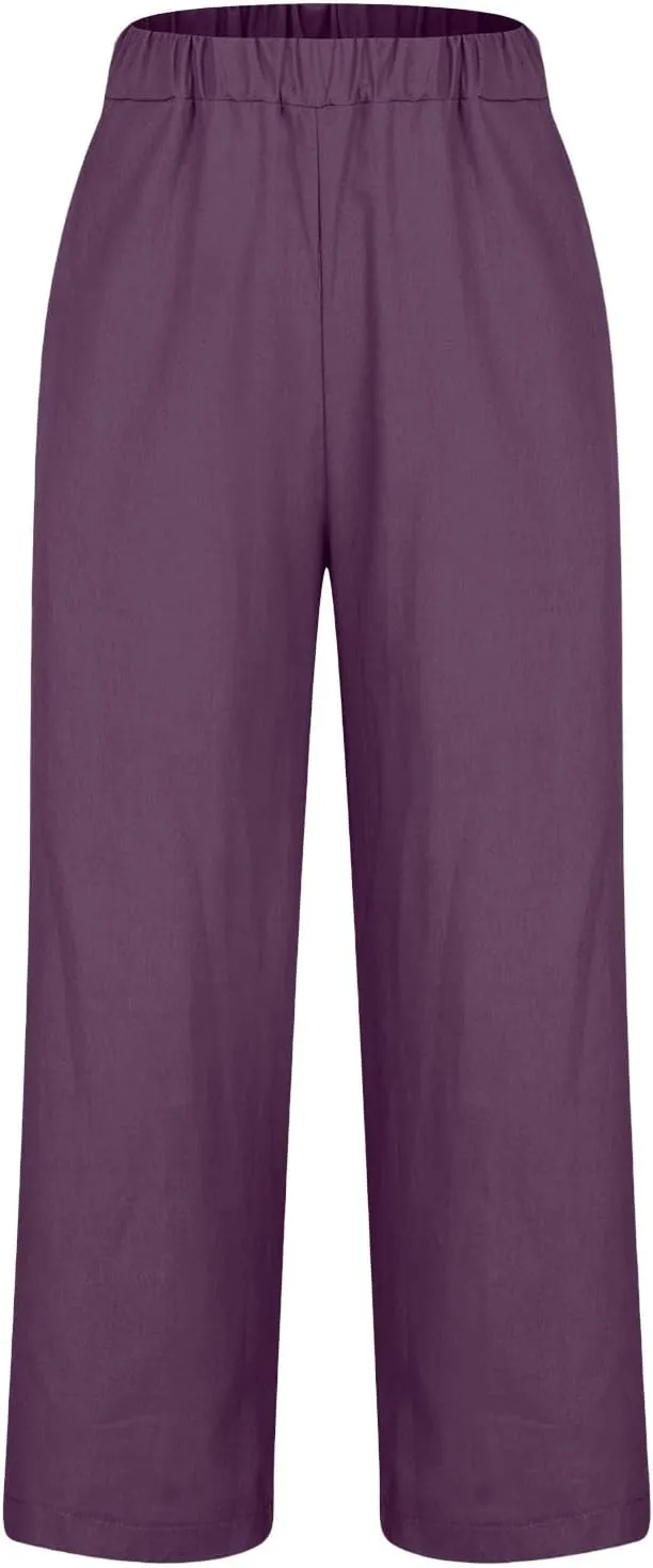 Women's Linen Pants 2025 Summer Spring Elastic Waisted Loose Straight Trouser Wide Leg Casual Pants with Pockets