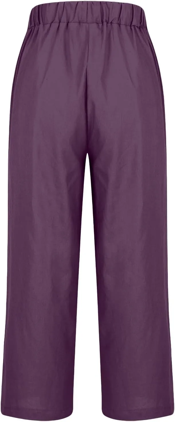 Women's Linen Pants 2025 Summer Spring Elastic Waisted Loose Straight Trouser Wide Leg Casual Pants with Pockets