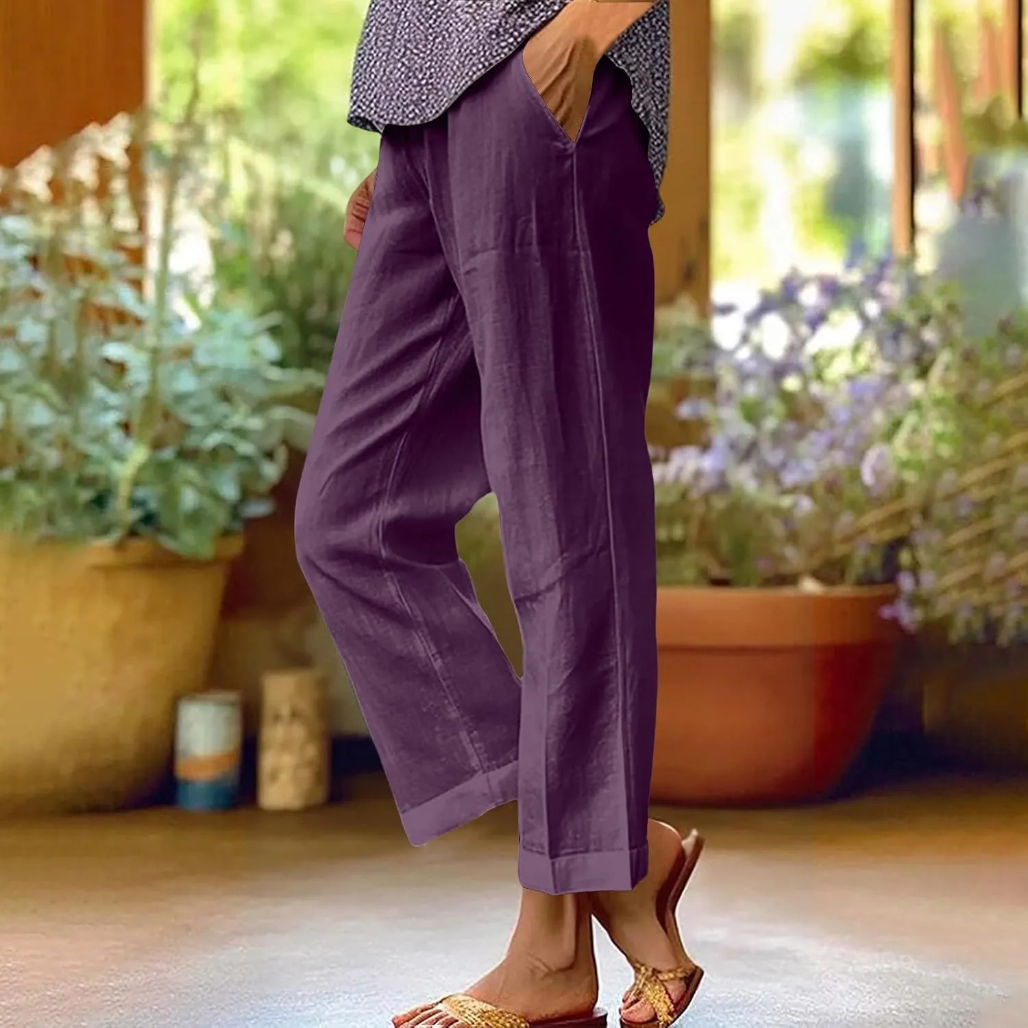 Women's Linen Pants 2025 Summer Spring Elastic Waisted Loose Straight Trouser Wide Leg Casual Pants with Pockets