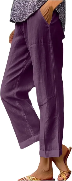 Women's Linen Pants 2025 Summer Spring Elastic Waisted Loose Straight Trouser Wide Leg Casual Pants with Pockets