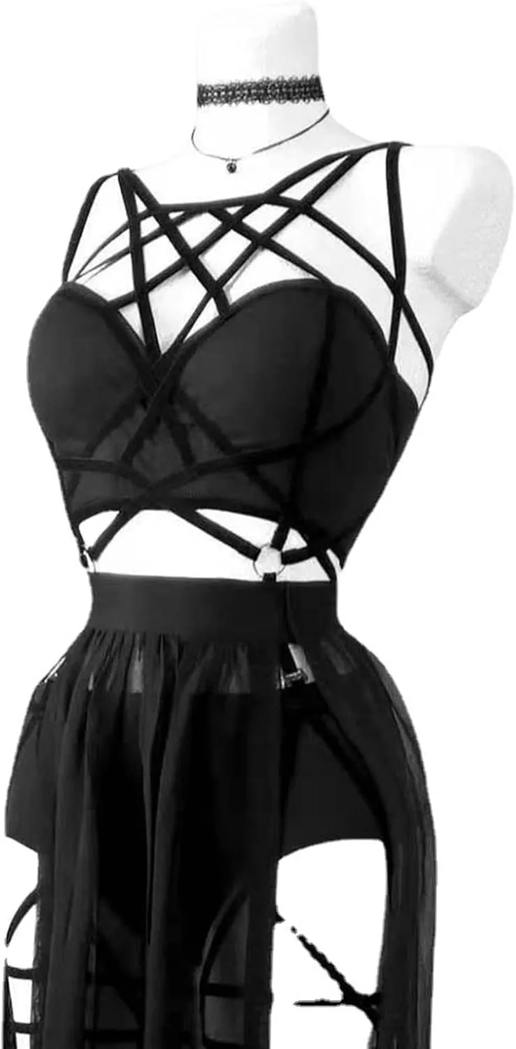 Women's Lingerie Backless Teddy Bodysuit Two Piece Sheer Bralette Strappy Embroidered Bra Panty Set