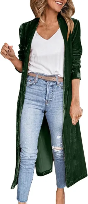 Women's Long Velvet Cardigan Jacket Lapel Collar Open Front Vintage Cardigan Sweater with Pocket